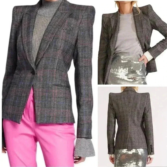 Veronica Beard Brock Dickey Jacket 0 Blazer Wool Grey Plaid Strong Shoulder $695 - Picture 1 of 16
